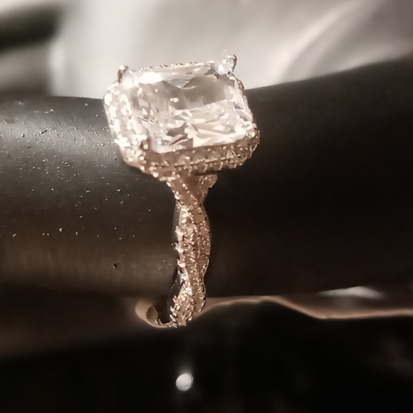 Princess cut simulated diamond engagement ring with pave diamond twisted band. - Picture 6 of 7